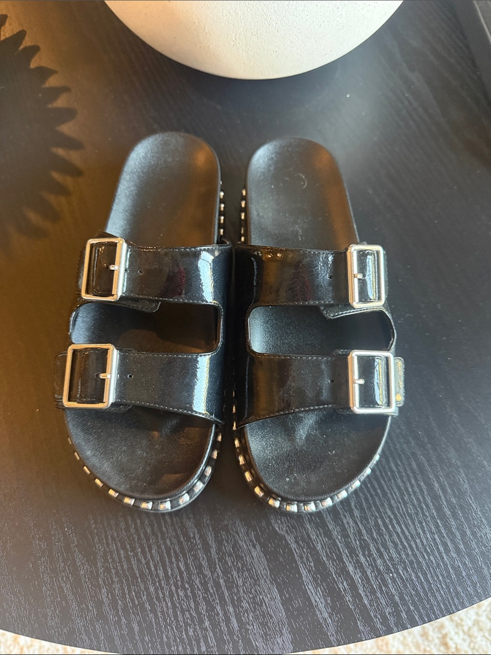 Jessica Simpson Black Patent Double Buckle Slide Sandals for Kids